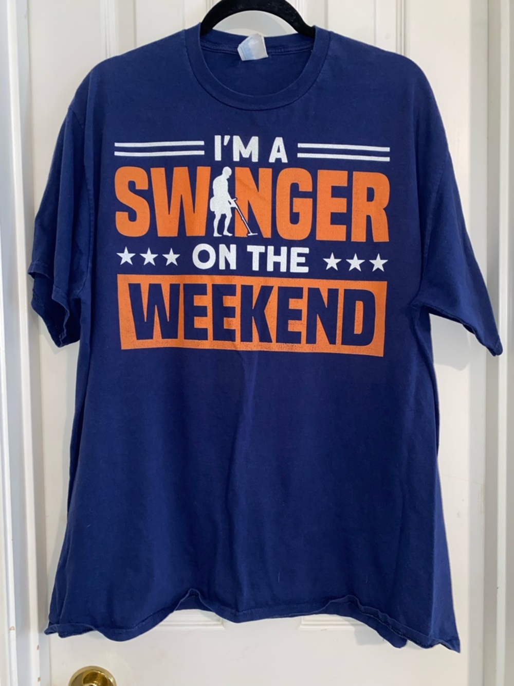 Port and Company Metal Detecting Navy Blue T-Shirt with Orange and White Graphic